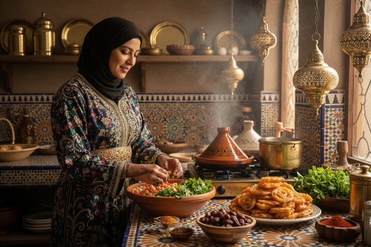 Moroccan woman preparing food in ramadan, kitchen